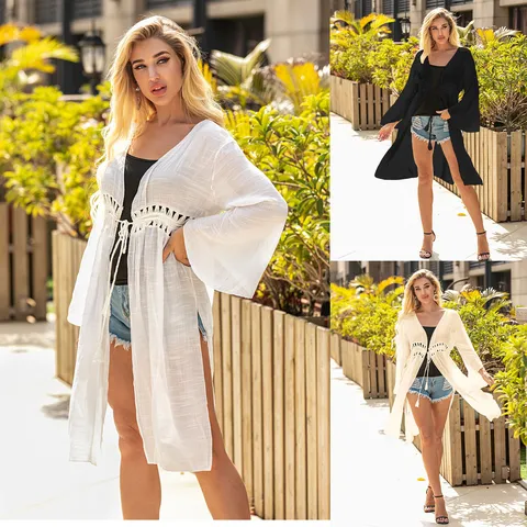 Women Bohemian Crochet Hollow Out Long Beach Cover Up Robe Flared Sleeve Belted Sun Protection Cardigan