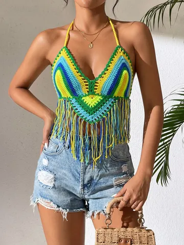 Handgefertigt Gehäkeltes Neckholder Fransen Cami Top Böhmisch Mehrfarbig Tassel Strand Bikini Cover Up Für Damen