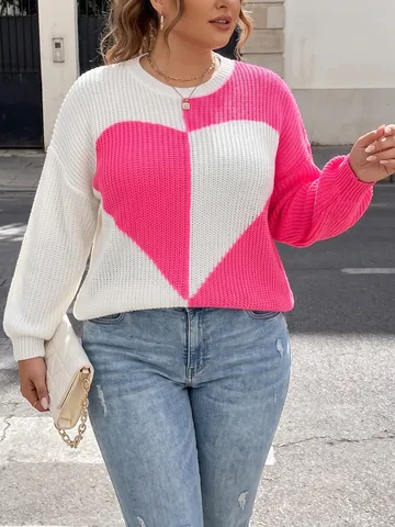 Plus Size Women's Casual Pullover Jacquard Sweater Long Sleeve Crew Neck Heart Color Blocking Loose Knitwear