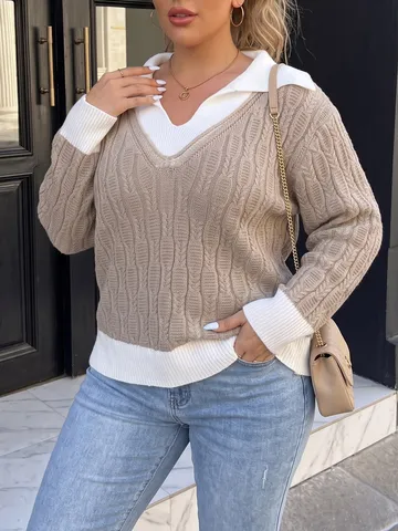 Suéter Pullover de Punto de Manga Larga con Cuello Marinero y Solapa de Bloque de Color para Mujer Talla Grande