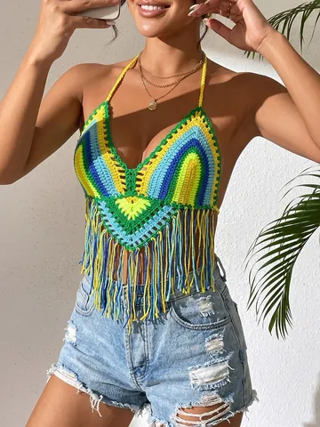 Handgefertigt Gehäkeltes Neckholder Fransen Cami Top Böhmisch Mehrfarbig Tassel Strand Bikini Cover Up Für Damen