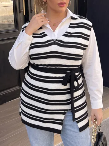 Plus Size Women Striped Contrast Vest V-neck Knitted Waistcoat With Tie-waist Belt Casual Mid-length Sleeveless Top Elegant Outerwear
