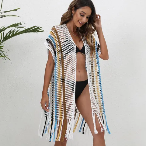 Women Bohemian Crochet Knit Beach Cover Up Contrast Stripe Tassel Open Front Cardigan Loose Summer Resort Wear Top