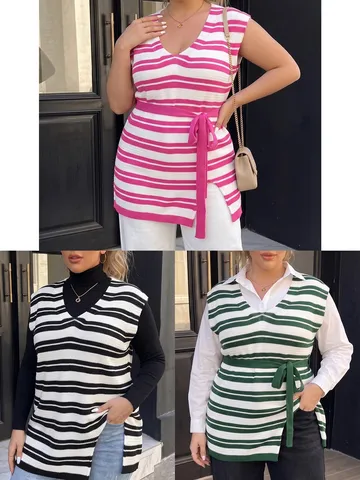 Plus Size Women Striped Contrast Vest V-neck Knitted Waistcoat With Tie-waist Belt Casual Mid-length Sleeveless Top Elegant Outerwear