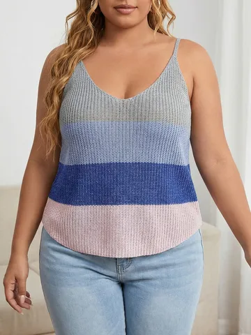 Γυναικείο Casual V-Neck Color Block Striped Camisole Plus Size Fashion Summer Sleeveless Knit Tank Top Pullover
