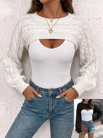 Cardigan Court en Maille Tressée à Manches Longues Automne Hiver pour Femmes