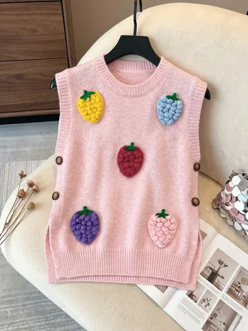 Chaleco de Punto Dulce para Mujer Pulóver Sin Mangas de Cuello Redondo Con Parches de Fresa 3D y Botones Laterales Top de Punto