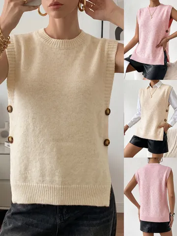 Chaleco de Punto Casual para Mujer Cuello Redondo Sin Mangas Pullover Acento de Botón Color Sólido Ropa de Moda