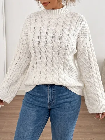 Plus Size Damen Hochkragen Grobstrick Pullover Einffarbig Lange Trompetenärmel Lässiger Winter Pulli