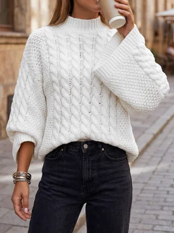 Damen Casual Stehkragen Einfarbig ZopfMuster Pullover Langarm Lose Winter Warme Mode Pullover