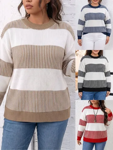 Women's Casual Oversized Color Block Striped Knit Sweater Long Sleeve Crew Neck Pullover Acrylic Fall Winter Top