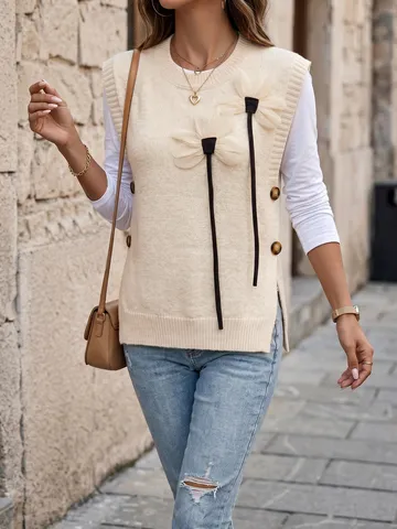 Women Knitted Sweater Vest Round Neck Sleeveless Pullover Top With 3D Floral Patchwork Side Button Detail Knit Waistcoat