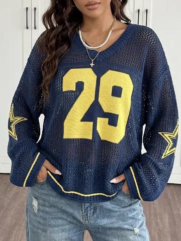 Top de Protección Solar para Mujer Estilo Jersey Americano Retro Punto Calado Cuello en V Manga Larga