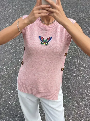 Women Round Neck Sequin Butterfly Applique Knitted Vest Casual Sleeveless Sweater Top With Decorative Buttons Fashion Outerwear
