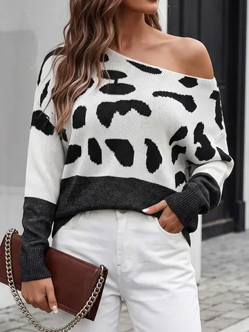 Maglione in Maglia da Donna con Stampa Leopardata Color Block Spalle Scoperte Manica a Pipistrello Pullover Casual Streetwear