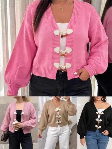 Damen Casual V-Ausschnitt Langer Laternenärmel Knopfleiste Cardigan Winter Einfarbig Strickware Übergröße Oberbekleidung