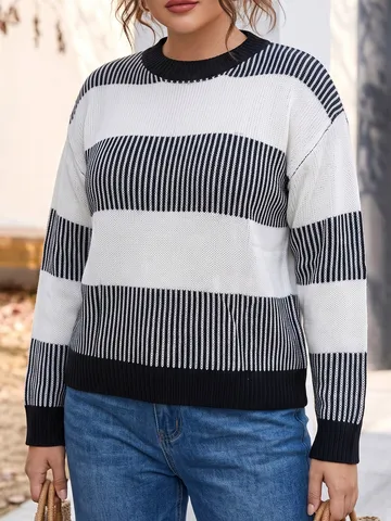 Women's Casual Oversized Color Block Striped Knit Sweater Long Sleeve Crew Neck Pullover Acrylic Fall Winter Top
