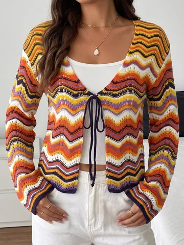 Women V-Neck Long Flare Sleeve Open Front Lace-Up Rainbow Striped Knit Cardigan Fall Winter Fashion Casual Sweater