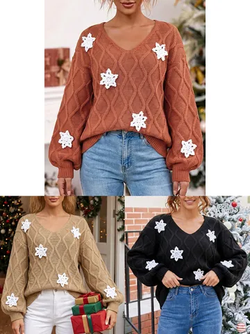 Pull de Noël Casual Col V pour Femmes Manches Longues Jacquard Losange avec Flocons de Neige Crochetés à la Main