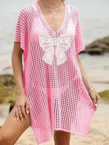 Vrouwen Zomer Strand Cover Up Opengewerkt V Hals Korte Mouw Jurk Kant Strik Effen Kleur Casual Vakantie Badmode