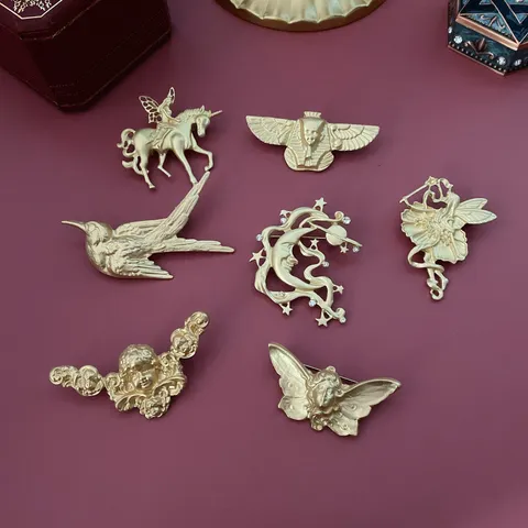 Vintage Matte Gold Zinc Alloy Brooch Egyptian Relief Bird Angel Fairy Unicorn Moon Star Rhinestone Badge Accessory Jewelry