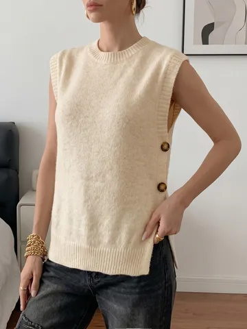Chaleco de Punto Casual para Mujer Cuello Redondo Sin Mangas Pullover Acento de Botón Color Sólido Ropa de Moda