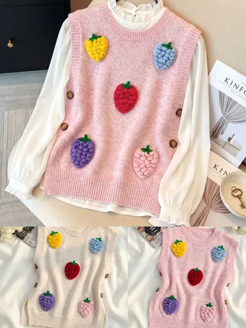 Chaleco de Punto Dulce para Mujer Pulóver Sin Mangas de Cuello Redondo Con Parches de Fresa 3D y Botones Laterales Top de Punto