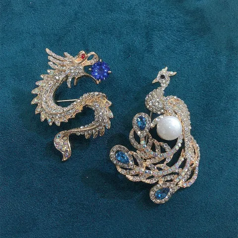 Vintage Zinc Alloy Dragon Phoenix Brooch For Women Suit Rhinestone Inlaid Artificial Pearl Lapel Pin Classic Jewelry Badge