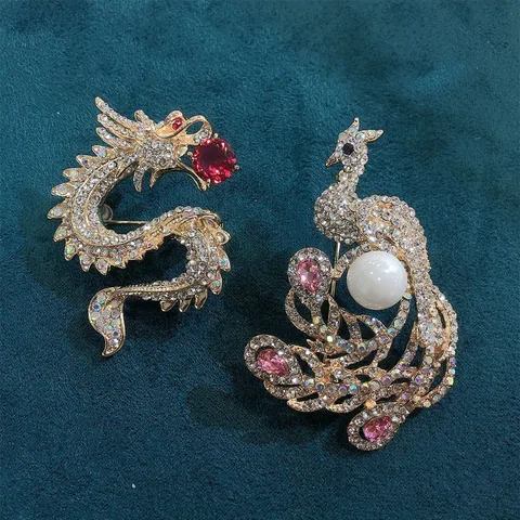 Vintage Zinc Alloy Dragon Phoenix Brooch For Women Suit Rhinestone Inlaid Artificial Pearl Lapel Pin Classic Jewelry Badge