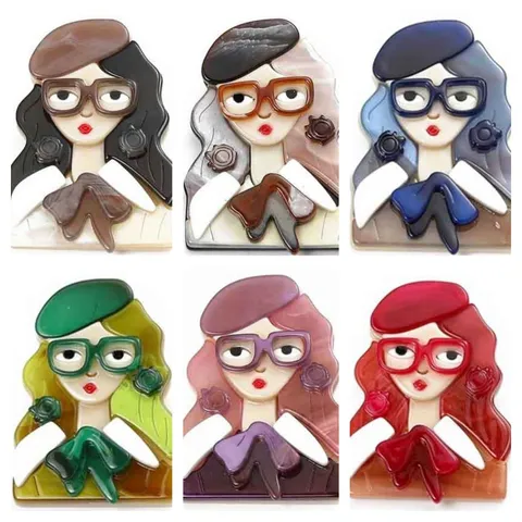 Broche Artistique en Acrylique Fille avec Lunettes Portrait de Dessin Animé Béret Dame Épingle à Revers Accessoires Femmes