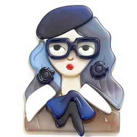 Broche Artistique en Acrylique Fille avec Lunettes Portrait de Dessin Animé Béret Dame Épingle à Revers Accessoires Femmes