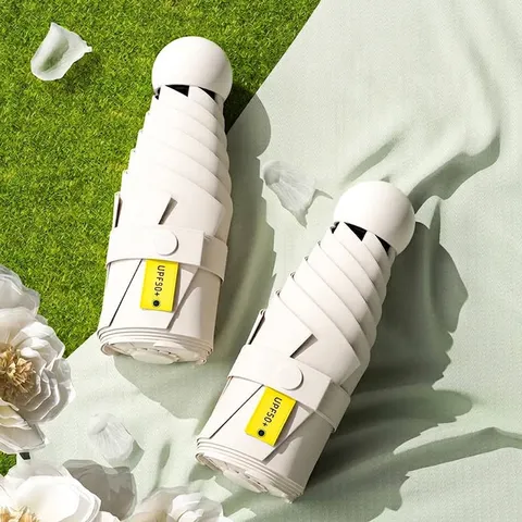 UV-Schutz 5-fach Faltbarer Kapsel-Regenschirm Für Sonne Regen Mini Tragbarer Faltbarer Sonnenschirm Pongee Schwarzkleber Reisen