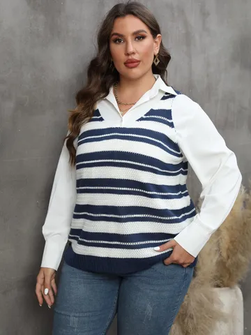 Women's Plus Size Striped Knit Vest Casual V-Neck Acrylic Contrast Color Splicing Sleeveless Pullover Sweater Top