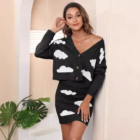 Women Casual Cloud Jacquard V-Neck Cardigan And Hip-Wrapping Short Skirt Knit Two Piece Sweater Set