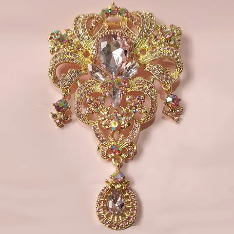 Vintage Palace Style Crown Brooch Alloy Rhinestone Water Drop Pendant Jewelry Corsage For Women Fashion Banquet Accessories