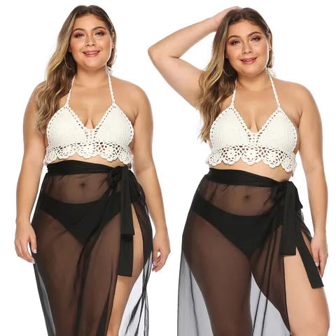 Damen Übergröße Häkel Bikini Top Ethno Fransen Halter Ausschnitt Rückenfrei Sexy Beachwear Weiß Polyester Ajouré Top