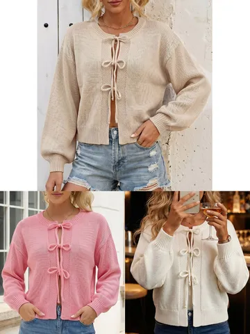 Women's Casual Crew Neck Lace Up Knitted Cardigan Sweater Long Sleeve Solid Color Bowknot Knit Outwear Female Fashion