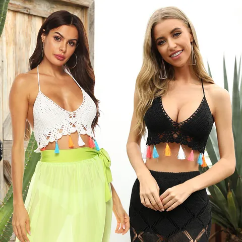 Damen Ethno Handgehäkelt Quaste Patchwork Bikinioberteil Tiefer V Ausschnitt Gehäkelt Halter Beach Vacation Boho Top