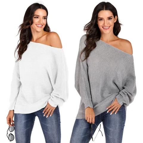 Women's Casual Off Shoulder Irregular Batwing Sleeve Pullover Sweater Fall Winter Loose Solid Color Long Sleeve Knit Top