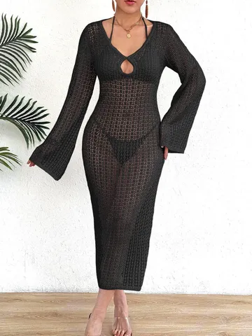 Women Sexy Deep V-Neck Hollow Out Crochet Mesh Beach Maxi Dress Flare Sleeve Backless Swimsuit Cover Up Resort Wear