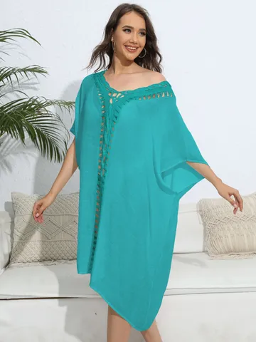 Women's Casual Crochet Hollow-Out Beach Cover-Up V-Neck Batwing Sleeve Loose Solid Color Summer Swimwear Dress