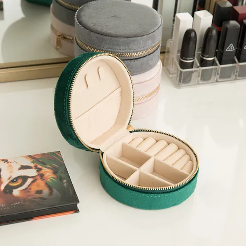 Portable Velvet Jewelry Box Round Square Mini Travel Jewelry Case For Earrings Rings Necklaces Multi-Functional Zipper Jewelry Organizer Box For Women Gifts