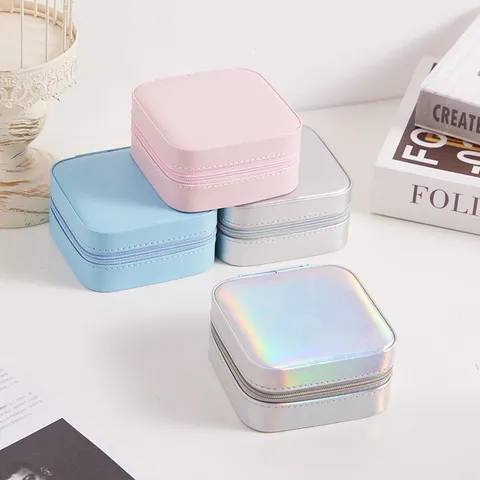 Portable Holographic PU Leather Jewelry Box Large Capacity Travel Earring Ring Storage Organizer Box With Mirror For Women