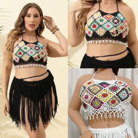 Women's Bohemian Handmade Crochet Halter Cami Top Colorful Granny Square Patchwork Tassel Beach Crop Vest