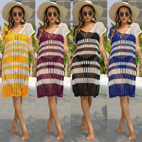 Women Sexy Striped Crochet Beach Cover-up Dress V-Neck Hollow Out Midi Patchwork Dress For Summer Pool Side Resort Wear