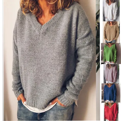 Women's Casual Solid Color V-Neck Long Sleeve Knit Pullover Sweater Loose Basic Autumn Winter Warm Top