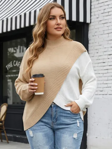 Γυναικείο Plus Size Casual Colorblock Cross Splicing Mock Neck Long Sleeve Pullover Knit Sweater Χειμώνας Φθινόπωρο Top