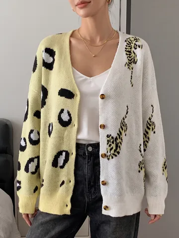 Women's Casual Color Block Splicing Leopard Print Long Sleeve V Neck Single Breasted Loose Knit Cardigan Sweater Outerwear