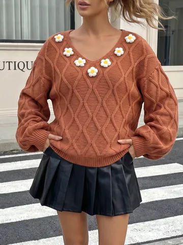 Women's Argyle Jacquard V-Neck Sweater 3D Hand-Crocheted Floral Patchwork Loose Lantern Sleeve Pullover Knit Tops