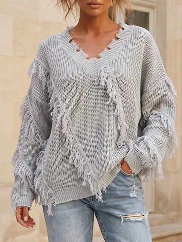 Suéter De Punto Casual De Corte Holgado Con Cuello En V Y Manga Larga De Color Sólido Con Borlas Desgastadas Para Otoño e Invierno